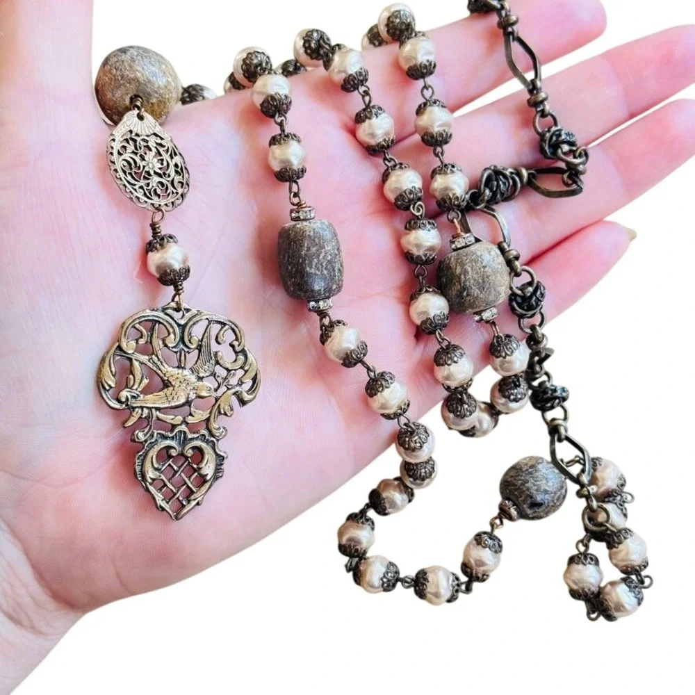 Regency style Baroque pearl Bird Necklace VTG‎ long beaded filigree bronze 35